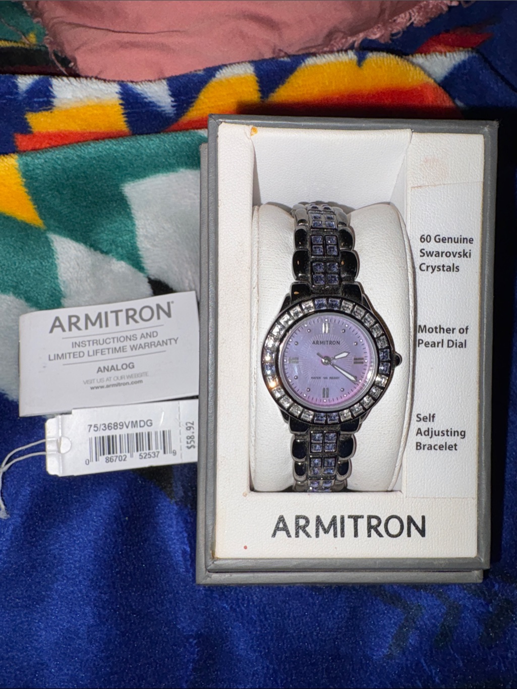 New Armitron Womens Silver Bracelet Watch With Purple Dial And Crystal Accents